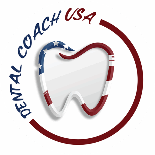 Dental Coach USA logo with American flag tooth design – Dental Coach USA Logo for Dental Coach USA featuring a stylized tooth outlined in red, white, and blue American flag colors, encircled by the company name in bold lettering – Dental Coach USA